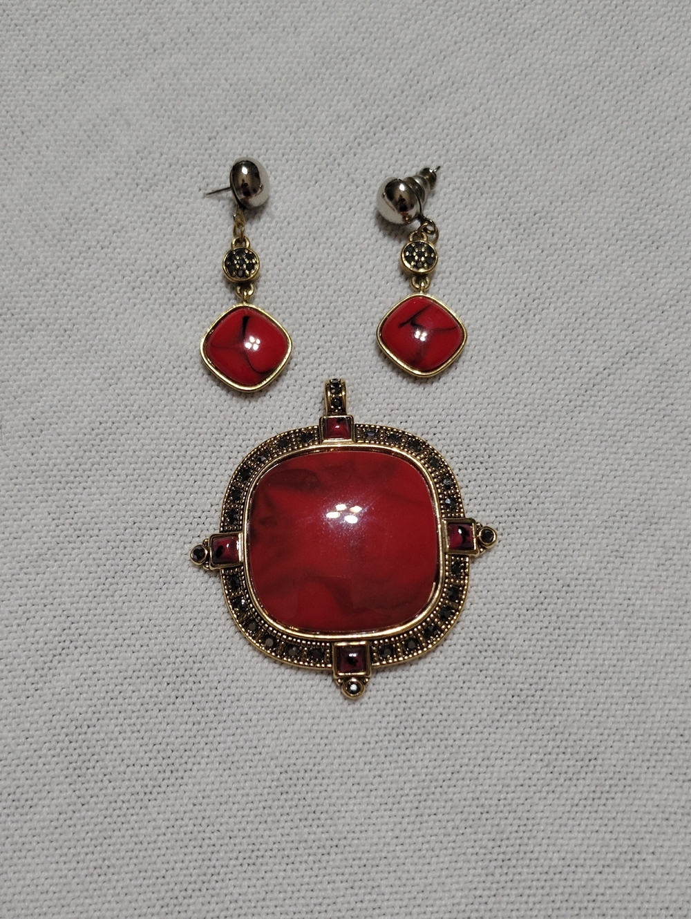 Vintage Monet Red Jasper Ensemble Earrings And Pendant